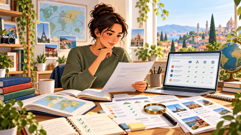 Research desk with comparison tables and a magnifying glass, representing independent product recommendations and transparency.
