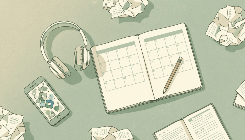 Notebook, headphones and a phone arranged with free language-learning study materials on a tidy desk.