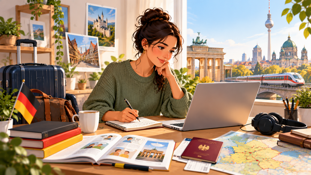 Illustration of a learner preparing for Germany with German-language study materials, maps, suitcase and Berlin landmarks.