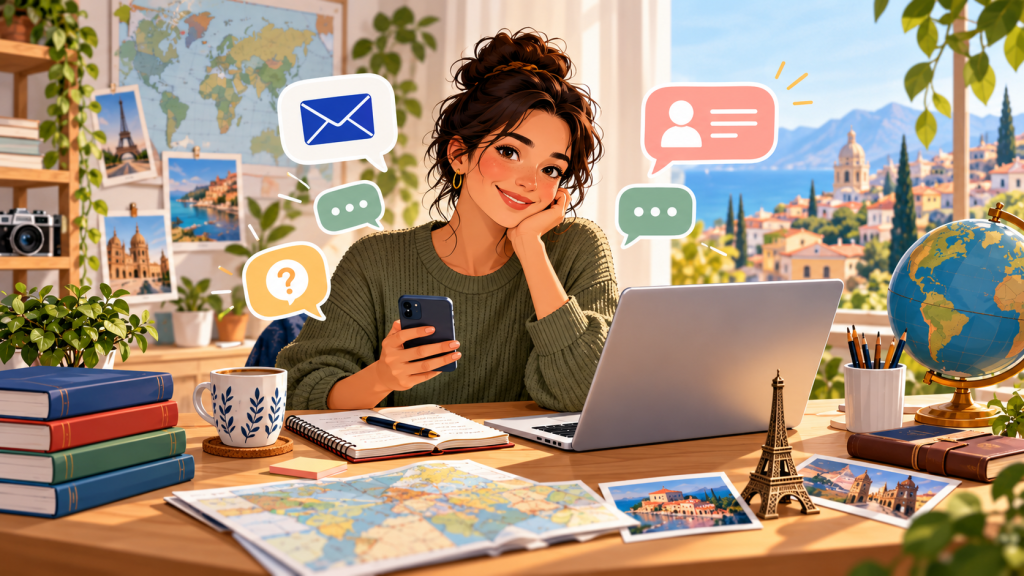 Friendly illustration of a learner using a laptop and phone with email and conversation symbols.