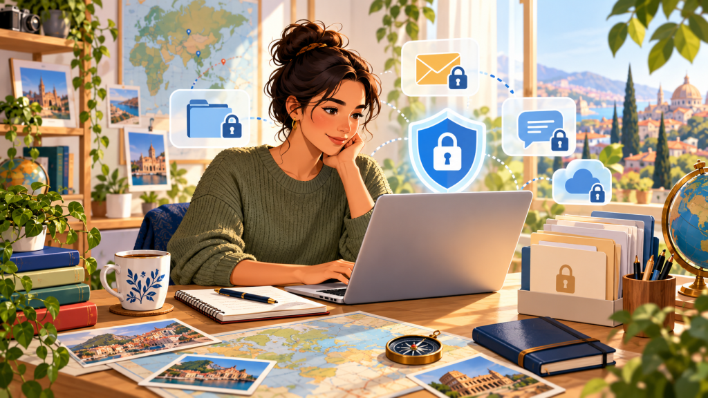 Laptop and protected files with security shield and padlock icons in a bright study workspace.