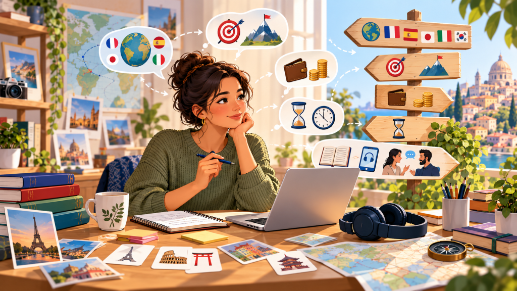 Illustrated language-learning roadmap showing choices about languages, goals, study time, budget and learning methods.