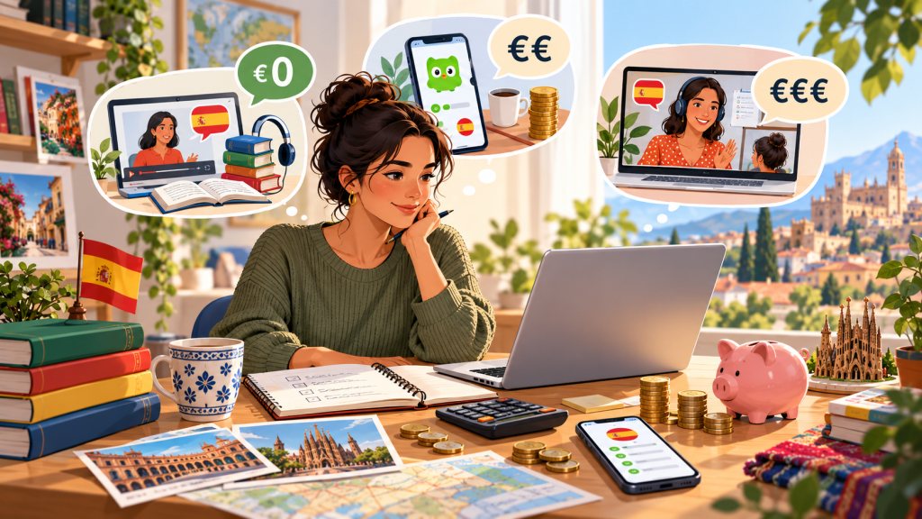 Illustration of a learner comparing Spanish study resources, online tutoring, a learning app, and budgeting with coins and a calculator.